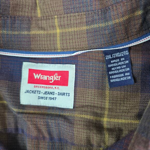 Wrangler Pearl Snap Shirt Men's XXL Brown Plaid Western Workwear Ranch Farm - Picture 4 of 9